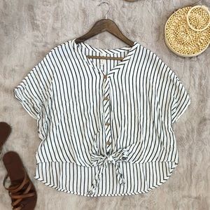 Mts White and Black Striped Tie-Front Top